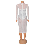 Sexy Mesh Hot Drilling Midi Dress GOSD-6818