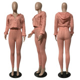 Casual Knits Solid Color Hooded Tops And Tight Pant Sweater Suit GCNF-0204