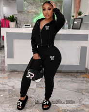 Letter Print Hooded Coat And Pant Sports Two Piece Set XMF-180