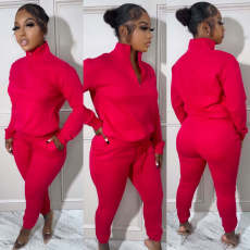 Solid Long Sleeve Sweatshirt And Pant Sport Two Piece Set HMS-5561