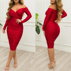 Sexy Solid Long Sleeve Slim Midi Dress GOSD-6805