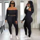 Solid Color Off Shoulder Top And Pants Two Piece Set XHSY-19474