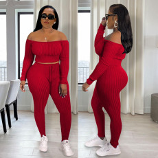 Solid Color Off Shoulder Top And Pants Two Piece Set XHSY-19474