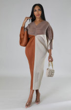 Fashion Color Blocking Bat Sleeve Maxi Dress XHXF-333