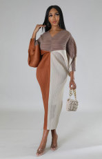 Fashion Color Blocking Bat Sleeve Maxi Dress XHXF-333