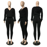 Casual Knits Solid Color Hooded Tops And Tight Pant Sweater Suit GCNF-0204