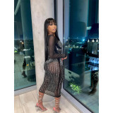 Sexy Mesh Hot Drilling Midi Dress GOSD-6818