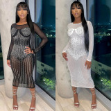 Sexy Mesh Hot Drilling Midi Dress GOSD-6818