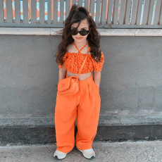 Kids Girls Print Puff Sleeve Crop Top And Straight Pant 2 Piece Set GMYF-Y6178