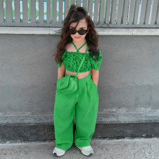 Kids Girls Print Puff Sleeve Crop Top And Straight Pant 2 Piece Set GMYF-Y6178