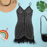 Sexy Hot Drilling Feather Splicing Sling Mini Dress NY-2601