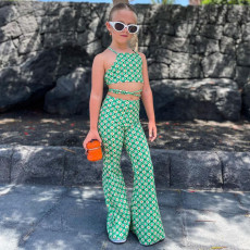 Kids Girls Print Backless Tie Up Vest And Flare Pant 2 Piece Set GMYF-Y6173