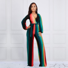 Rainbow Striped Print Waist Belt Jumpsuit  XHSY-19497