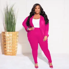 Plus Size Solid Color Ruched Cardigan And Pant Two Piece Set XHSY-19495