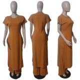 Plus Size Short Sleeve Long Pullover And Pant Loose 2 Piece Set QXTF-887