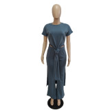Plus Size Short Sleeve Long Pullover And Pant Loose 2 Piece Set QXTF-887