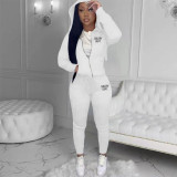 Casual Letter Print Hooded Coat And Pant Two Piece Set XMF-187