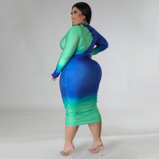 Plus Size Printed Patchwork Gradient Midi Dress NNWF-7707
