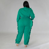 Plus Size Solid Color Ruched Long Sleeve Two Piece Pants Set NNWF-7758