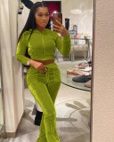 Solid Velvet Hooded Long Sleeve Flare Pants 2 Piece Sets YD-8527