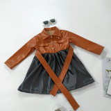 Kids Girls PU Leather Color Blocking Dress GMYF-D0004