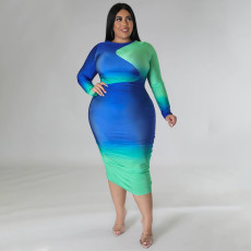 Plus Size Printed Patchwork Gradient Midi Dress NNWF-7707