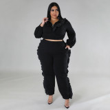 Plus Size Solid Color Ruched Long Sleeve Two Piece Pants Set NNWF-7758