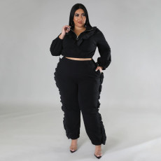 Plus Size Solid Color Ruched Long Sleeve Two Piece Pants Set NNWF-7758