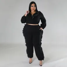 Plus Size Solid Color Ruched Long Sleeve Two Piece Pants Set NNWF-7758