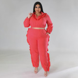 Plus Size Solid Color Ruched Long Sleeve Two Piece Pants Set NNWF-7758