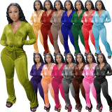 Solid Velvet Hooded Long Sleeve Flare Pants 2 Piece Sets YD-8527