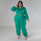 Plus Size Solid Color Ruched Long Sleeve Two Piece Pants Set NNWF-7758