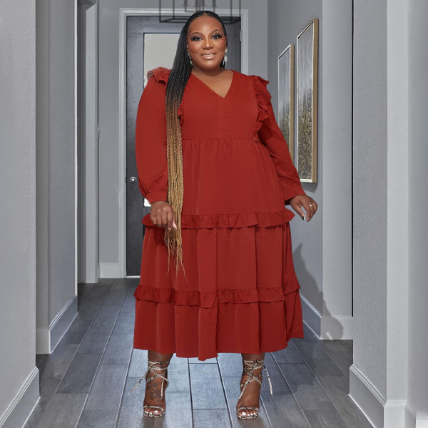 Plus Size Ruffles Patchwork Big Swing Maxi Dress NNWF-7762