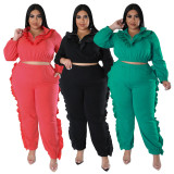 Plus Size Solid Color Ruched Long Sleeve Two Piece Pants Set NNWF-7758