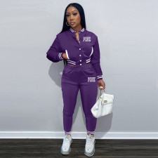 Pink Letter Print Single-breasted Baseball Jacket And Pant Two Piece Set YIM-289