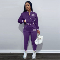 Pink Letter Print Single-breasted Baseball Jacket And Pant Two Piece Set YIM-289
