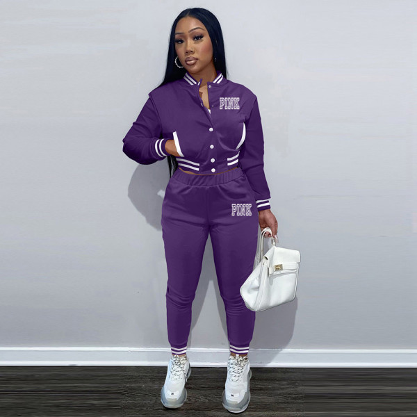 Pink Letter Print Single-breasted Baseball Jacket And Pant Two Piece Set YIM-289