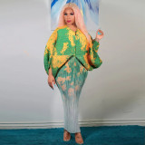 Fashion Print Bat Sleeve Maxi Dress YF-10263