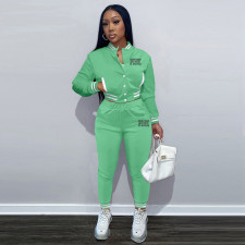 Pink Letter Print Single-breasted Baseball Jacket And Pant Two Piece Set YIM-289