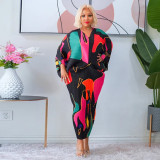 Fashion Print Bat Sleeve Maxi Dress YF-10263