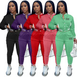 Pink Letter Print Single-breasted Baseball Jacket And Pant Two Piece Set YIM-289