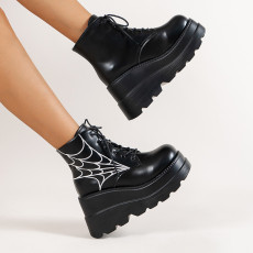 Spider Web Round Toe Lace-up Short Leather Boots TWZX-46