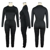 Solid Color Long Sleeve Tops And Ruched Pant Two Piece Set TE-4506