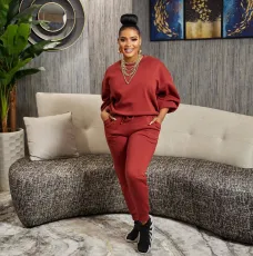 Solid Color Long Sleeve Pant Casual Sport Two Piece Set HM-6628