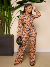 Letter Print Lapel Tie Up Jumpsuit SXF-23911