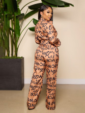 Letter Print Lapel Tie Up Jumpsuit SXF-23911