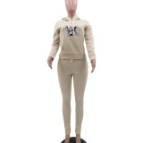 Fleece Print Hooded Pocket Two Piece Pants Set YMEF-5088