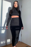 Solid High Collar Crop Tops And Long Skirt Two Piece Set ME-8256