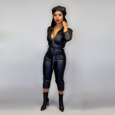 Plus Size PU Leather Long Sleeve Slim Jumpsuit OD-8316