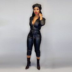 Plus Size PU Leather Long Sleeve Slim Jumpsuit OD-8316